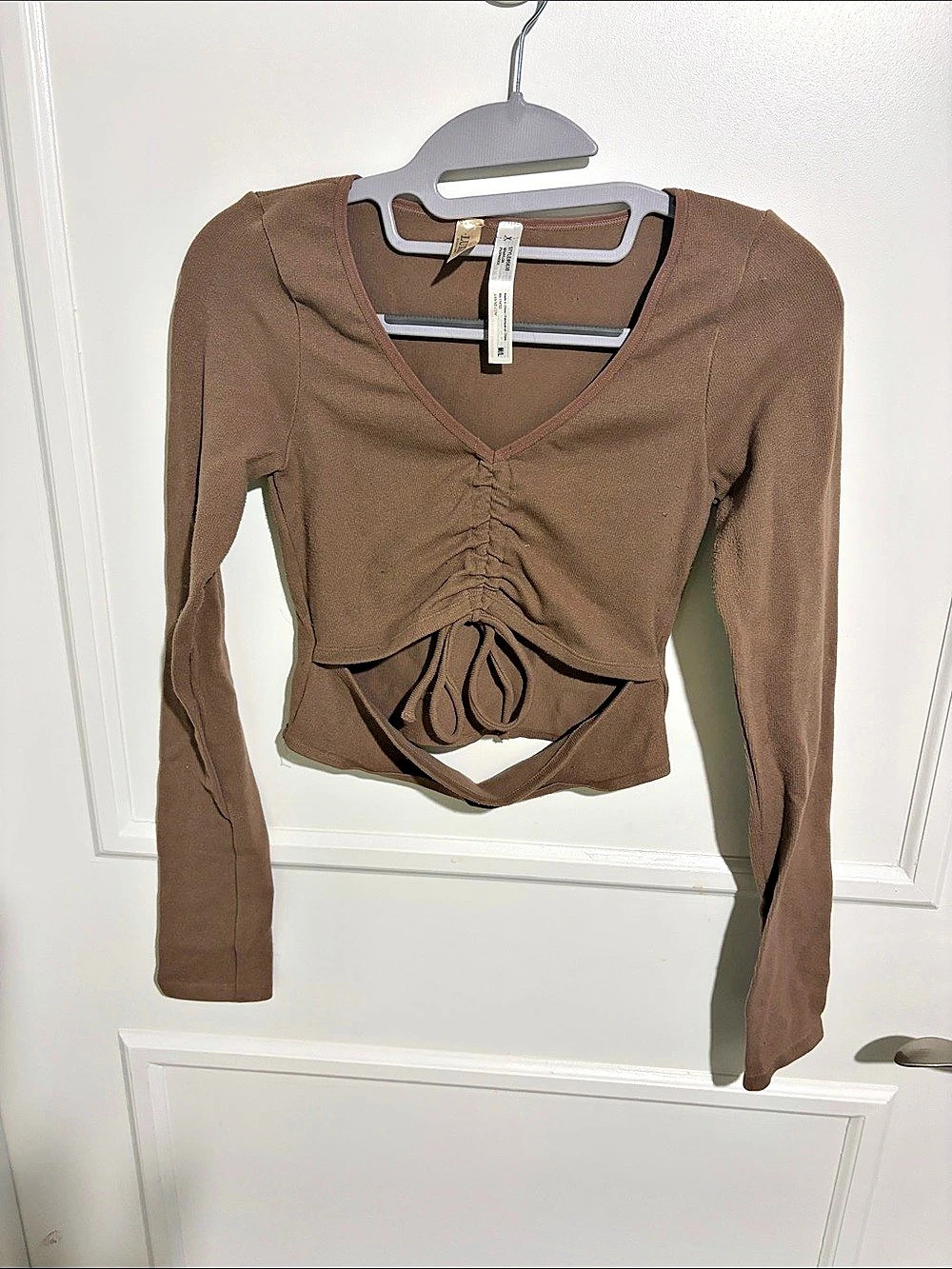 Ruched Cropped Long Sleeve Top in Brown